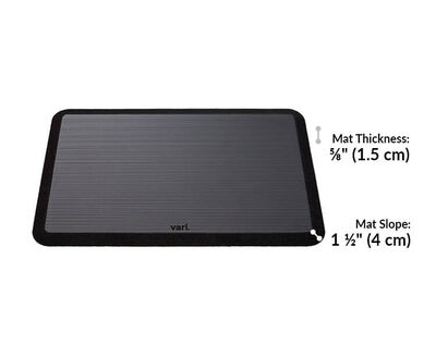standing mat 34 by 22 is five eighths inches thick and has a slope of 1 and a half inches
